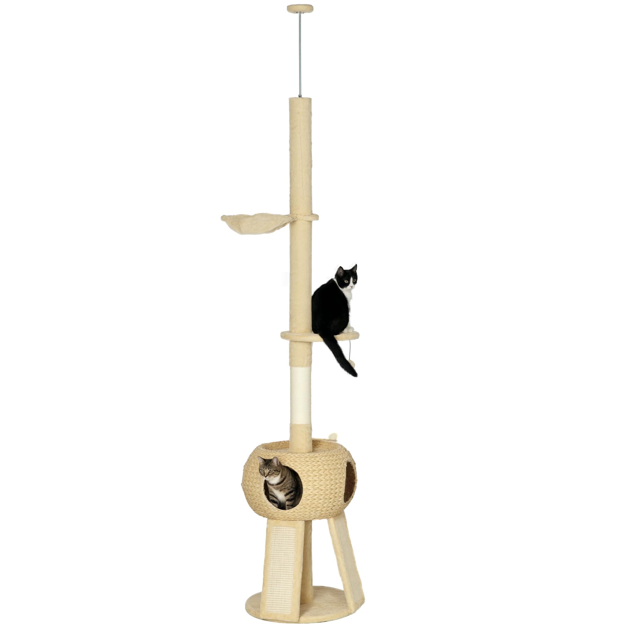 Arbre à Chat PawHut 165 Cm - 2 Niches, Griffoirs Sisal, Hamac, Plateformes, Pompons, Couleur Grise - 6