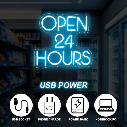 Image of Open 24 Hours Neon Sign, Open Business LED Light | USB Powered Dimmable Shop Club Wall Decor Open Wall Art Welcome Sign for Shop Decor 13 inchx14 inch