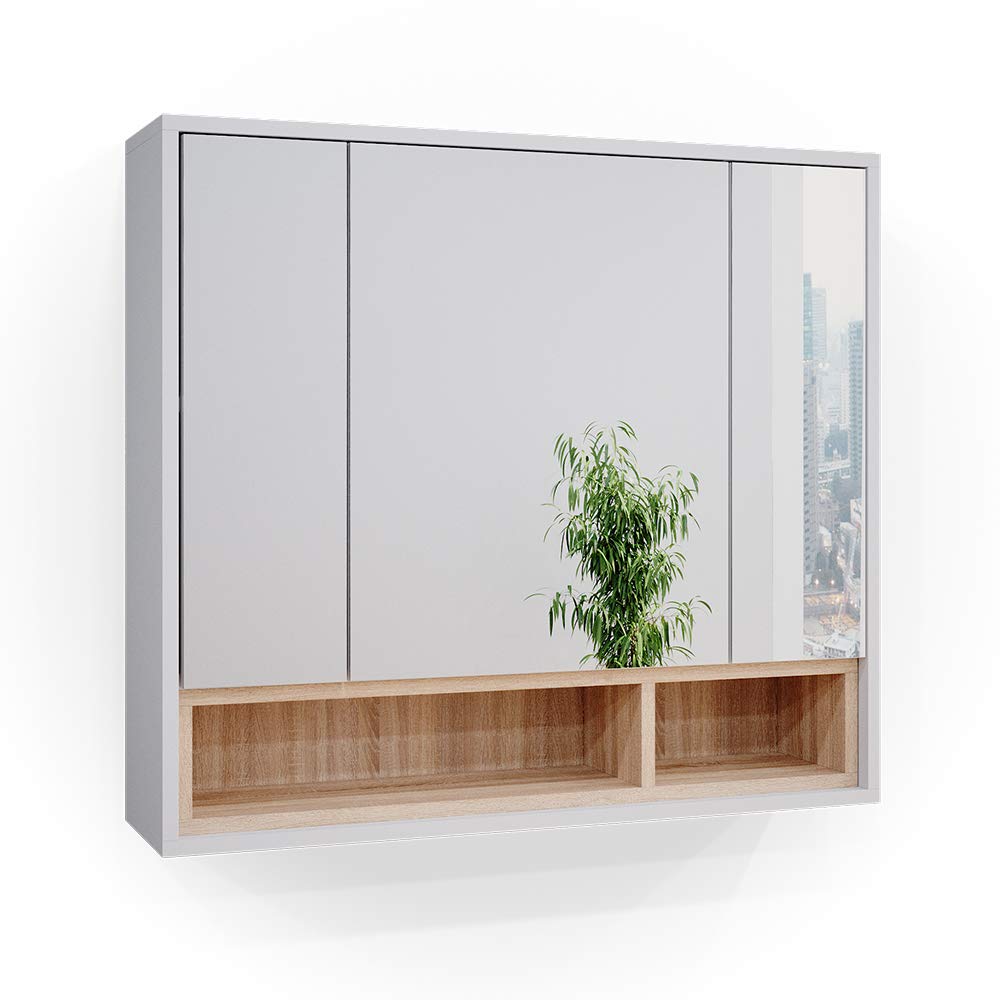 Vicco Specchio contenitore bagno Beatrice, Bianco, 80 x 72 cm, per montaggio a parete con ripiani aperti