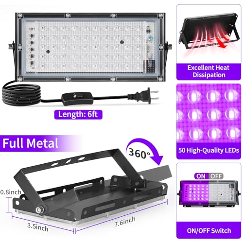 Image of 50W LED Black Lights with Switch+Plug, IP66 Waterproof, 8 Pack | Blacklight Flood Light for Halloween, Neon Glow Party Supply, Bedroom, Fluorescent Poster, Body Paint, Outdoor