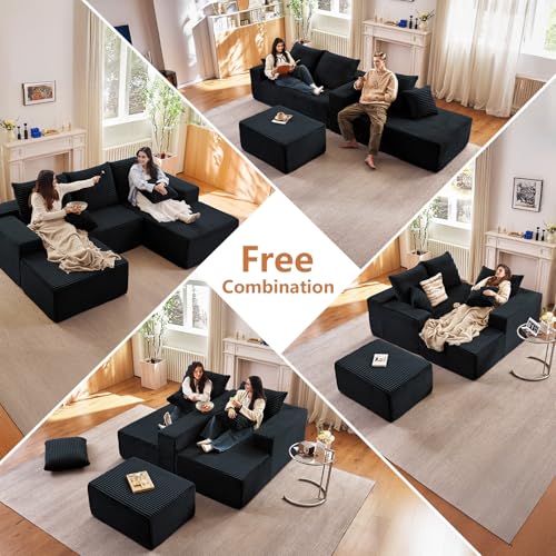 Image of 95 inch W Cloud Sectional Couch with Ottoman,Modern U-Shaped Cloud Couch with Deep Seat,Comfy Corduroy Sofa,Memory Foam Sofa for Living Room,No Assembly (Jet Black,Right-Facing Chaise)