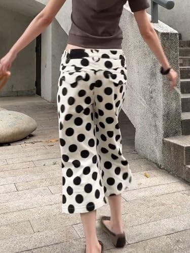 Y2K Polka Dot Capri Pants Flare Cropped Jeans Vintage Low Rise Wide Leg Trousers Casual Retro4