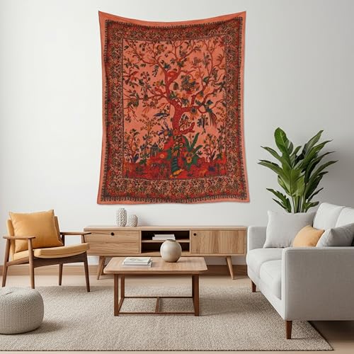 Craft Trade Orange Baum Wandteppich Indische Wandtuch Tapestry Wandbehang Boho Wandteppiche für Heimdeko Wohnzimmer und Schlafzimmer - 76 x 102 cm