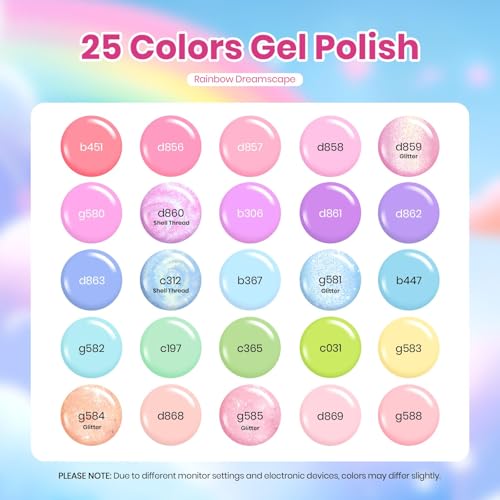 Image of Beetles Pastel Gel Polish Set - Rainbow Dreamscape 25 Colors Gel Polish Kit with Base Coat&Top Coat Soak Off UV Led Nail Set Glitter Colors Nail Art Kit Gift for Women