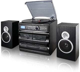 Trexonic 3-Speed Turntable with CD Player, Dual Cassette Player, Bt, FM Radio & USB/SD Recording and Wired Shelf Speakers