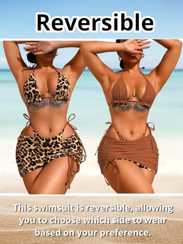 Image of ShawGobow Womens 3 Piece Leopard Bikini Set,Triangle String High Cut Thong Sexy Swimsuit & Coverup Skirt,Pool Party Outfit