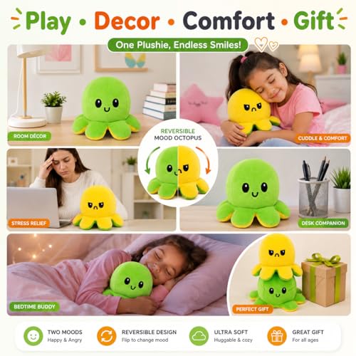 Image of Reversible Octopus Plush Toy 18 cm | Flip Mood Soft Toy | Double-Sided Happy & Angry Expression | Super Soft Stuffed Animal Plushie | Cute Kids Gift, Stress Relief Toy, Home Decor (Green - Yellow)