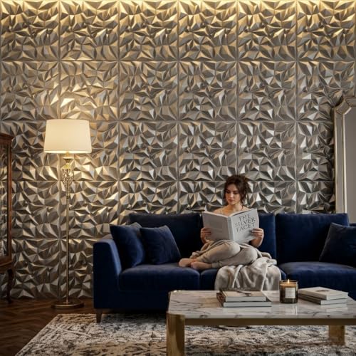 Image of Kayra Decor 3D PVC Wall Panels - Diamond Design, Silver Color | 19.7 x 19.7 Inches | Pack of 12 | Covers 32.28 Sq. Ft. | Wall Decor Panels for Living Room, Bedroom & Office