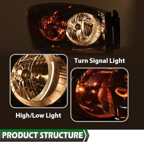Image of GRAND ORANGE Headlight Assembly w /Bulbs Compatible with Dodge Ram 1500 Truck 2006-2008 /Fit Dodge Ram 2500 3500 Truck 2006-2009 Right Side Clear Lens Chrome Housing Amber Reflector