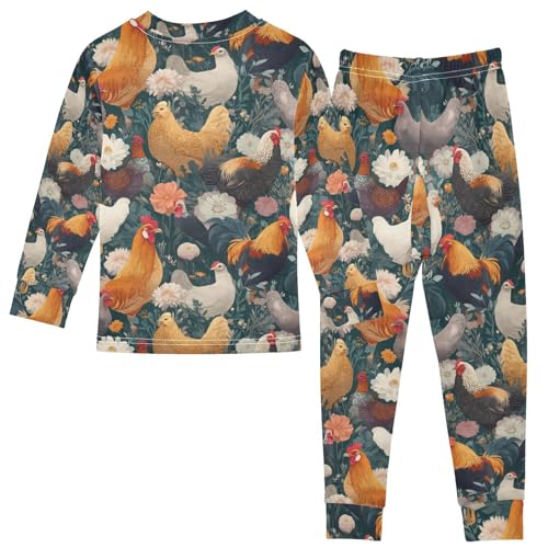 ALAZA Rooster Hen Flower Blossom Floral Pajamas Long Sleeve Sleepwear 2-Piece Pajama Set2