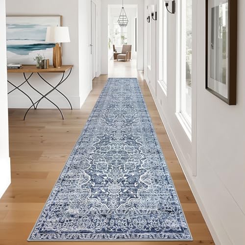 KUTA Vintage Floral Washable Runner Rug 2.6x12, Non-Slip Hallway Kitchen Rugs Blue White with Rubber Backing,Ultra Soft Printed Distressed Modern Extra Long 12ft Carpet Runners Indoor for Bedroom