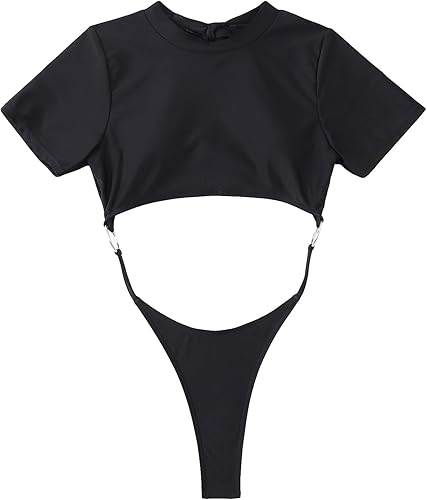 OYOANGLE Traje de baño de una pieza para mujer, manga corta, cuello alto, espalda descubierta, corte alto, color sólido