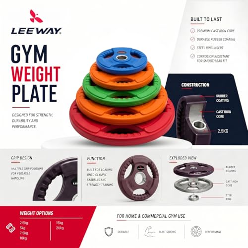 Image of Leeway Color Rubber Coated Olympic Weight Plates (120kg Set) | 51mm Dia | Metal Integrated Gym Weight Plates | Rubber Coated Weight for Olympic Barbell, Home & Strength Training (2.5X2+5X2+7.5X2+10X2+15X2+20X2)