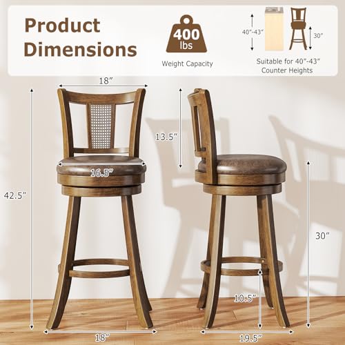 COSTWAY Butaco Silla de Barra Set de 4, Madera Maciza de Caucho con Asiento Giratorio y Tapizado en Cuero Sintético, Respaldo Curvado de PE Rattan, Marrón, Altura de Asiento 30” miniatura 3
