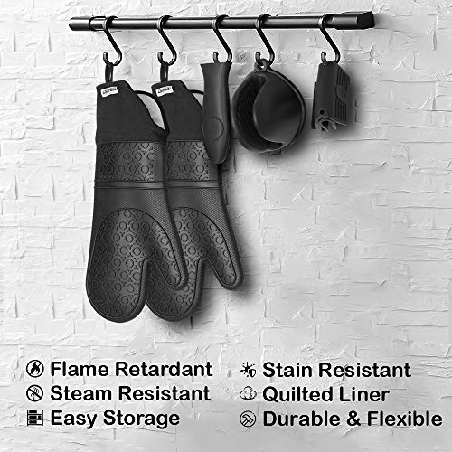 TOPLANET Extra Long Silicone Oven Mitts and Pot Holders Sets, Heat Resistant Oven Mitts with Quilted Liner, Mini Oven Gloves, Trivet Mat, Hot Handle Holder for Kitchen Baking Cooking, Black, Pack of 9 - Thumbnail 5