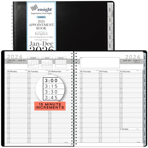 Ensight 2026 Appointment Book and Planner 8.5 x 11 Large Hourly Weekly Daily Schedule Book with Tabs 15 Minute Time Slots Black Calendar Organizer Jan 2026Dec 2026 Appointment Planner - Black