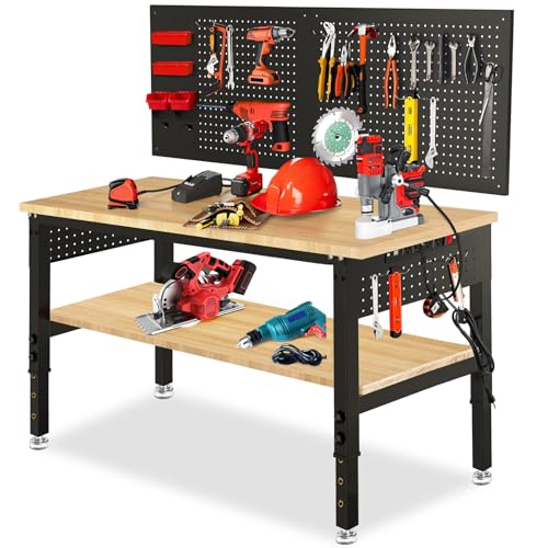 Image of 48x24 Adjustable Height Work Bench Heavy Duty Workbench for Garage with Under Table Shelf Rubber Wood Work Table with Pegboard for Shop Woodworking, Office, Home, Commercial