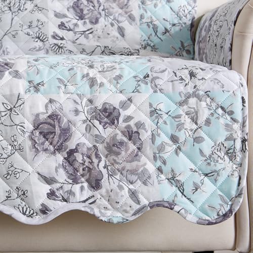Image of Great Bay Home Reversible Floral Patchwork Loveseat Furniture Protector - Machine Washable, Scalloped Edge, Stain Resistant, Printed Furniture Cover for Dogs, Kids, and Pets (Gray /Aqua)