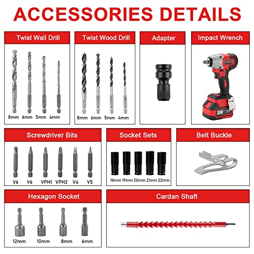 Brushless Akku Schlagschrauber mit Adapter, Max Drehmoment 320 Akku Drehschlagschrauber mit 3.0AH Akku TEENO, Einstellbares Drehmoment, 5 TEENO-Schlagschraubereinsätze, 26 Zubehörteilen (Ein Akku) – Bild 6