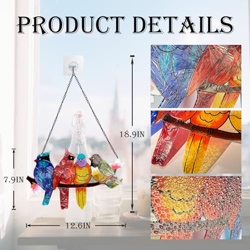 Image of DASTOLL Stained Glass Window Hanging - Large Suncatcher Stained Glass Birds on Branch, Sun Catchers for Indoor Window Doors Room Home Decoration Hummingbird Gifts for Bird Lovers