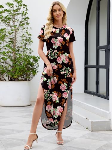 Image of Heymoments Womens Summer Maxi Dress Short Sleeve Casual Loose Long T Shirt Split Vacation Beach Sundress with Pockets