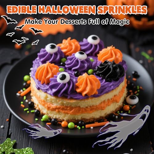 Image of Edible Halloween Sprinkles,Black White Eyes Purple Green Orange and Black Pearls and Jimmies Mixed,130g /4.58ounce,Monster Sprinkle for Cake Decorations,Baking,Ice Cream,Cookies,Cupcake Topper,Halloween Supplies Children's Party