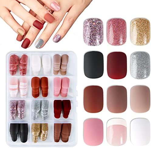 288pcs Short Press on Nails Square Matte Glitter Multicolor Acrylic Full Cover Short Glue on Nails for Women