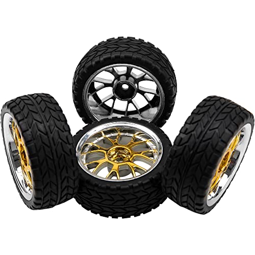 4Pack Hircqoo 12Mm Hex Plastic Wheel Rims & 2.59" Rubber Tires Set W/Foam Compatible With Traxxas Kyosho Hpi Tamiya Tt-01 Tt-02 Sakura Hsp 1/10 Rc On-Road Touring Car (Yellow) #TOP2