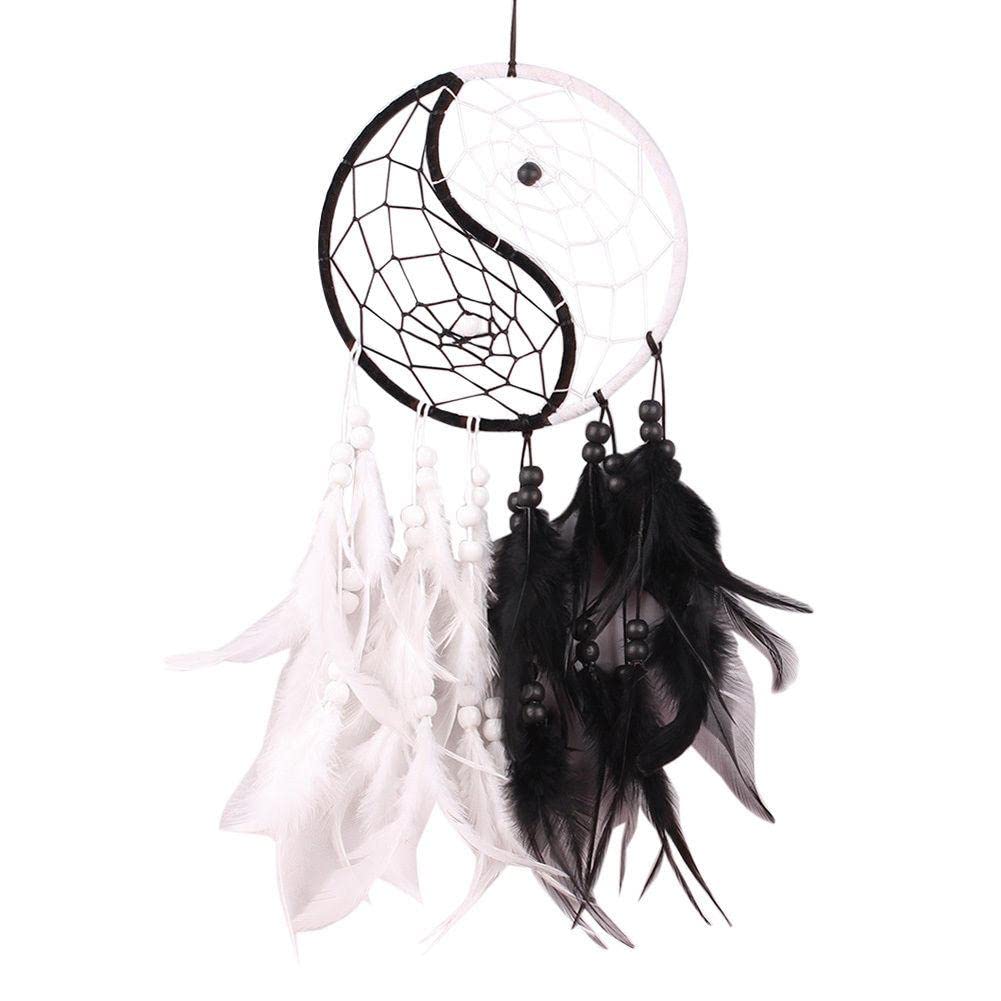 Acchiappasogni Yin Yang Con Otto Diagrammi – Decorazione Da Parete In Metallo E Piume, Nero E Bianco