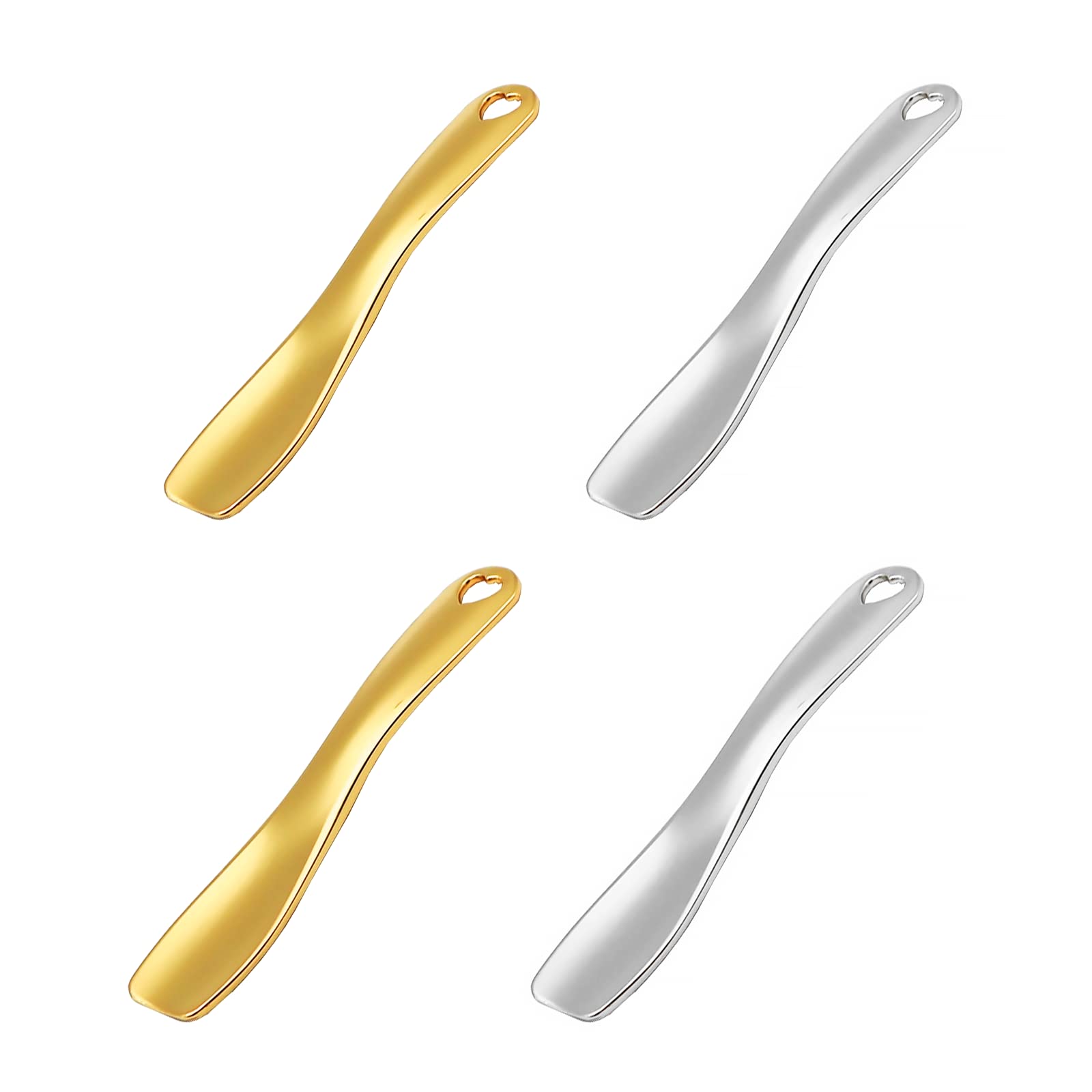 BerkelenCosmetic Spatula for Makeup 4 Pieces Mini Metal Cosmetic Spoon Beauty Scoop for Girls and Women for Mixing and Sample Cosmetics Face Cream Face (Gold, Silver)