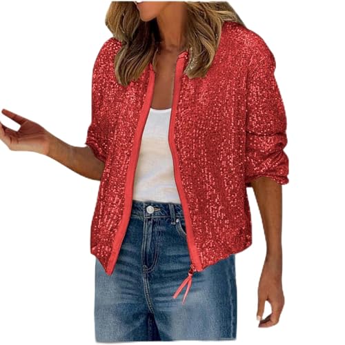 Genérico Casaco casual com lantejoulas e manga comprida sem capuz para mulher, ideal para uso diário e reuniões, J05-vermelho, S