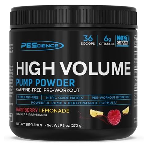 PEScience High Volume Nitric Oxide Booster Pre Workout Powder with L Arginine Nitrate, Raspberry Lemonade, 36 Scoops, Caffeine Free Cover