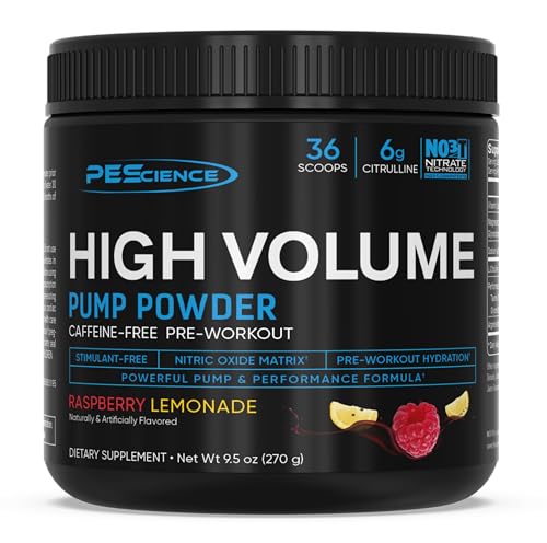 Image of PEScience High Volume Stim-Free Pre-Workout Pump Powder, Caffeine-Free with L-Citrulline & L-Arginine Nitrate, Non-Stim Preworkout for Men and Women - 36 Scoops, Raspberry Lemonade