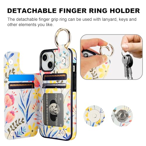 Image of HAOPINSH for iPhone 13 iPhone 14 Wallet Case with Card Holder, Floral Flower Print Back Flip Folio PU Leather Kickstand Card Slots Case, Finger Grip Ring Double Magnetic Clasp Shockproof 6.1 inch