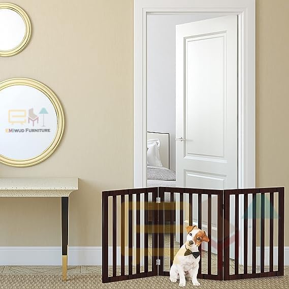 Wooden Freestanding Foldable Dog and Cats Partition | Indoor Pet Puppy Safety Fence for Living Room (Brown)