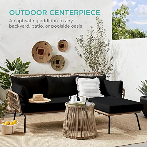 Image of DEVOKO 3 Piece Outdoor Comfortable L-Shaped Sectional Rope Conversation Lounge Sofa Set with Glass Top Table for Balcony, Patio, Garden, Pool (Beige & Black)