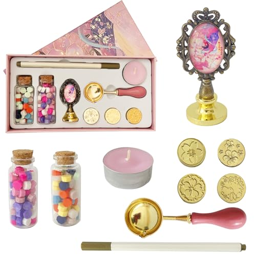 Wax Seal Stamp Kit - 4 Brass Stamps, 120 Wax Beads, Tealights & Floral Brooch - Perfect for Wedding Invitations & DIY Crafts