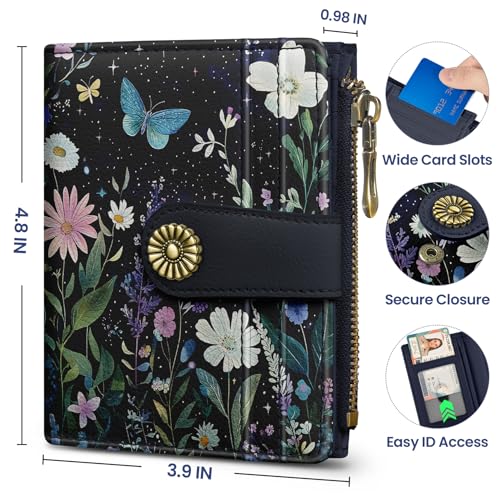 Image of Small Wallet for Women, RFID Blocking Bifold Card Holder Wallet with 10 Card Slots, Cash Compartment, Zipper Coin Pocket & ID Window, Cute Soft Vegan Leather Compact Wallet, Celestial
