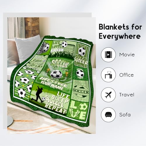 Custom Soccer Blanket - 40x50 Inches Sports Throw Blanket for Boys Kids - Green Soft Fuzzy Blankets for Couch, Sofa & Office