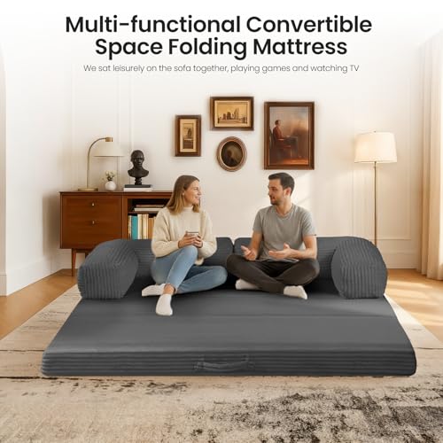 Image of Tri-Fold Foldable Mattress, Convertible Folding Sofa Bed with Removable Arms & Washable Cover, All-in-One Portable Mattress Floor Sofa Bed, No Assembly Required & Non-Slip, Full Size, Grey