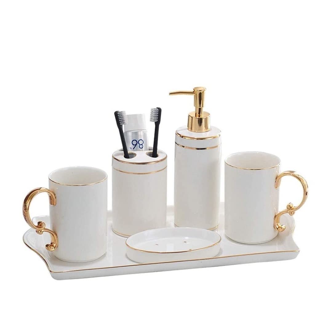Ensemble D'Accessoires De Salle De Bain Ensemble D'accessoires De Salle De Bain en Céramique Lotion Distributeur De Savon Porte-Brosse À Dents Tasse Porte-Savon(6pcs(Golden Handle))
