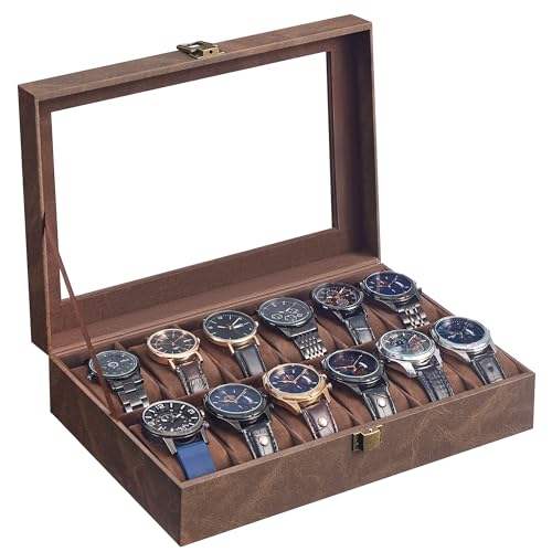 SONGMICS Watch Box with 12 Slots, Watch Case with Glass Lid, with Removable Pillows, Metal Clasp, Gift Idea, Coffee Brown Synthetic Leather, Coffee Brown Lining JWB120KQ02