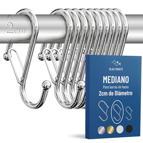 Blau Marité Pack de 10 Ganchos en S para Colgar – Ganchos en Forma de Ese con Cierre Anticaída para Cocina, Baño, Armario y Almacenaje – Gancho para Barras de hasta 2 cm Diámetro – Cromado