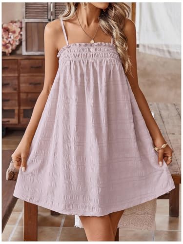 Image of MakeMeChic Women's Babydoll Dress Sleeveless Swing Shirred Mini Dresses | Beach, Summer, Sundress, Ruffle, Casual Dress, Flowy Dress