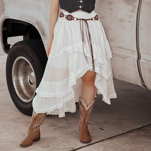 Womens Lace Trim Midi Skirts Elastic High Waist Asymmetrical Layered Hem Boho Flowy Party Long Skirt2