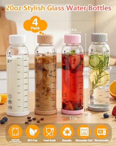 Zukro Glass Water Bottles with lids 20 oz - 4 Pack Heat-resistant Borosilicate Juice Bottles with Stainless Steel Cap for Juicing, Protein, Milk, Smoothies - Reusable & Airtight Leak proof, BPA Free