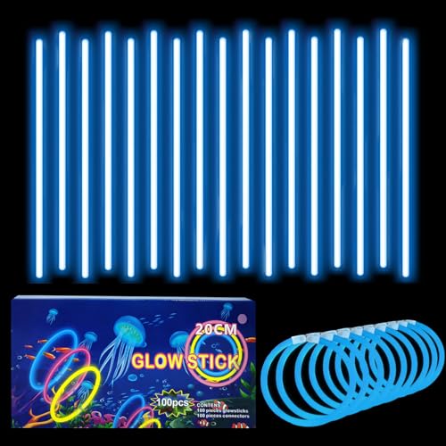 100 Barras Luminosas, Pulseras Fluorescentes y 100 Conectores, Neon Kits para Crear Collares Accesorios, Azul Varillas Brillantes para, Fiesta, Nochevieja, Navidad, Boda, Cumpleaños, Halloween