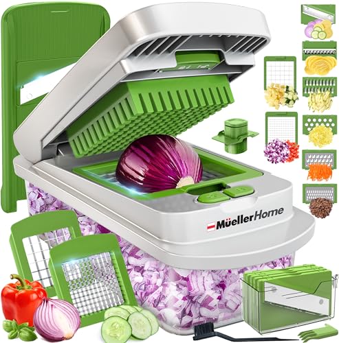 MUELLER HOME Pro-Series 10-in-1, 8 Blade Vegetable Chopper, Onion Mincer, Cutter, Dicer, Egg Slicer with Container, French Fry Cutter Potato Slicer, Home Essentials, Salad Chopper White Sand/Green