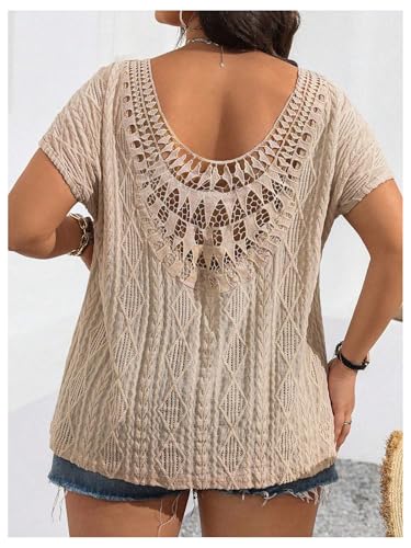 OYOANGLE Women's Plus Size Short Sleeve Blouse Boho Crochet Lace V Neck Summer Tee Tops4