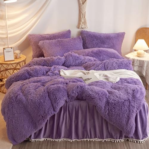 HAIHUA Faux Fur Purple Comforter Cover Queen Set, Soft Fuzzy Plush Purple Bedding Queen Set 3 Pieces (1 Furry Duvet Cover + 2 Fluffy Pillow Cases) Shaggy Bed Set, Zipper Closure